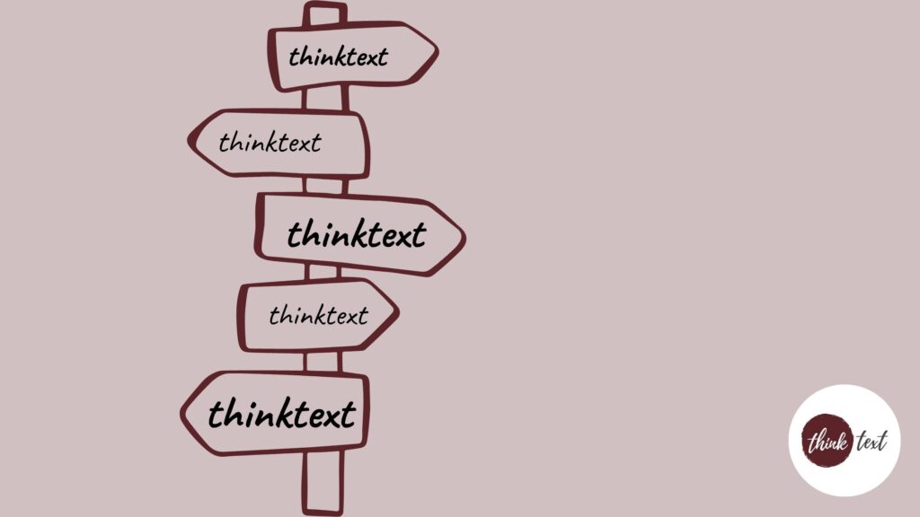 Illustration eines Wegweisers mit mehreren Pfeilen als Symbol für die Customer Journey auf einer Website, gestaltet mit dem Branding von thinktext