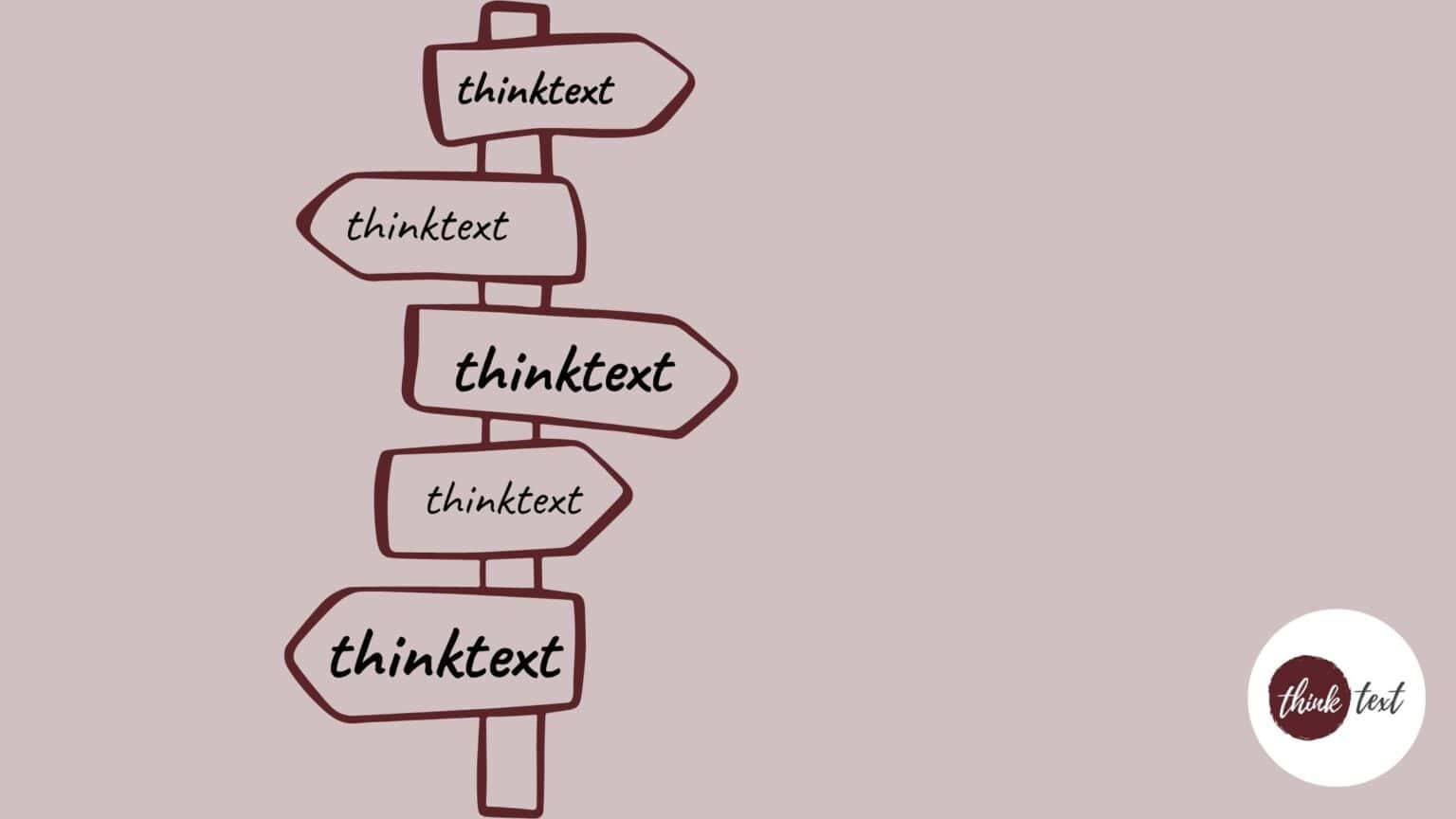 Illustration eines Wegweisers mit mehreren Pfeilen als Symbol für die Customer Journey auf einer Website, gestaltet mit dem Branding von thinktext